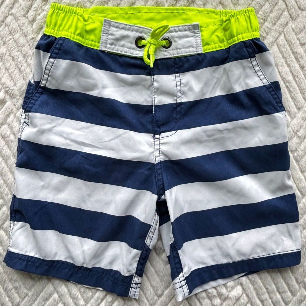 Mini Boden Boys 6-7Y Neon Stripe Swim Trunks Board Shorts Blue White Lined